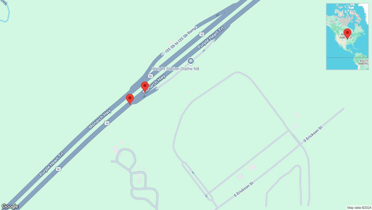 A detailed map that shows the affected road due to 'Broken down vehicle on eastbound I-35 in Olathe' on September 28th at 3:54 p.m.