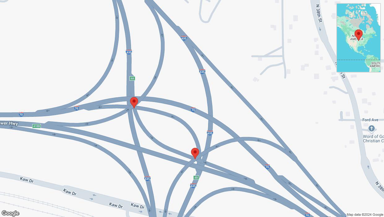 A detailed map that shows the affected road due to 'Broken down vehicle on the Harry Darby Memorial Highway in Kansas City' on September 29th at 9:06 p.m.