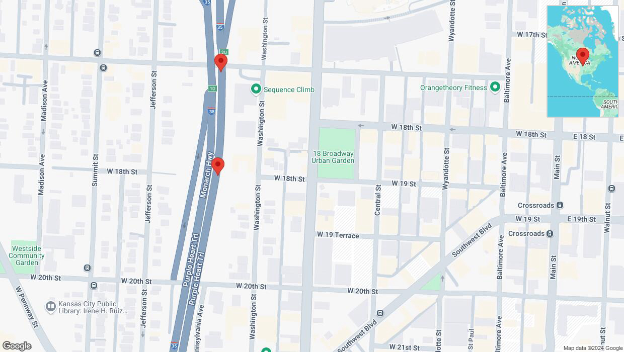 A detailed map that shows the affected road due to 'Broken down vehicle on northbound I-35 in Kansas City' on September 30th at 4:07 p.m.