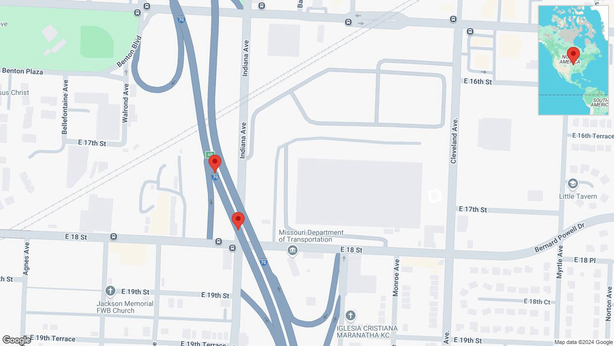A detailed map that shows the affected road due to 'Broken down vehicle on eastbound I-70 in Kansas City' on September 30th at 5:43 p.m.