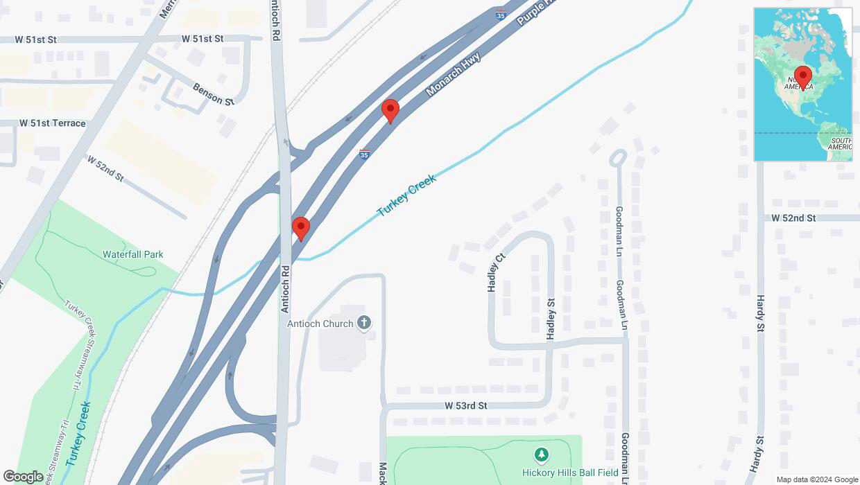 A detailed map that shows the affected road due to 'Broken down vehicle on northbound I-35 in Overland Park' on September 30th at 8:55 p.m.