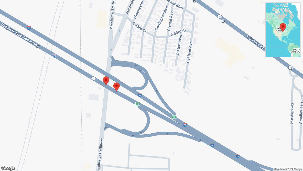 A detailed map that shows the affected road due to 'Broken down vehicle on eastbound I-70 in Kansas City' on October 1st at 5:49 p.m.