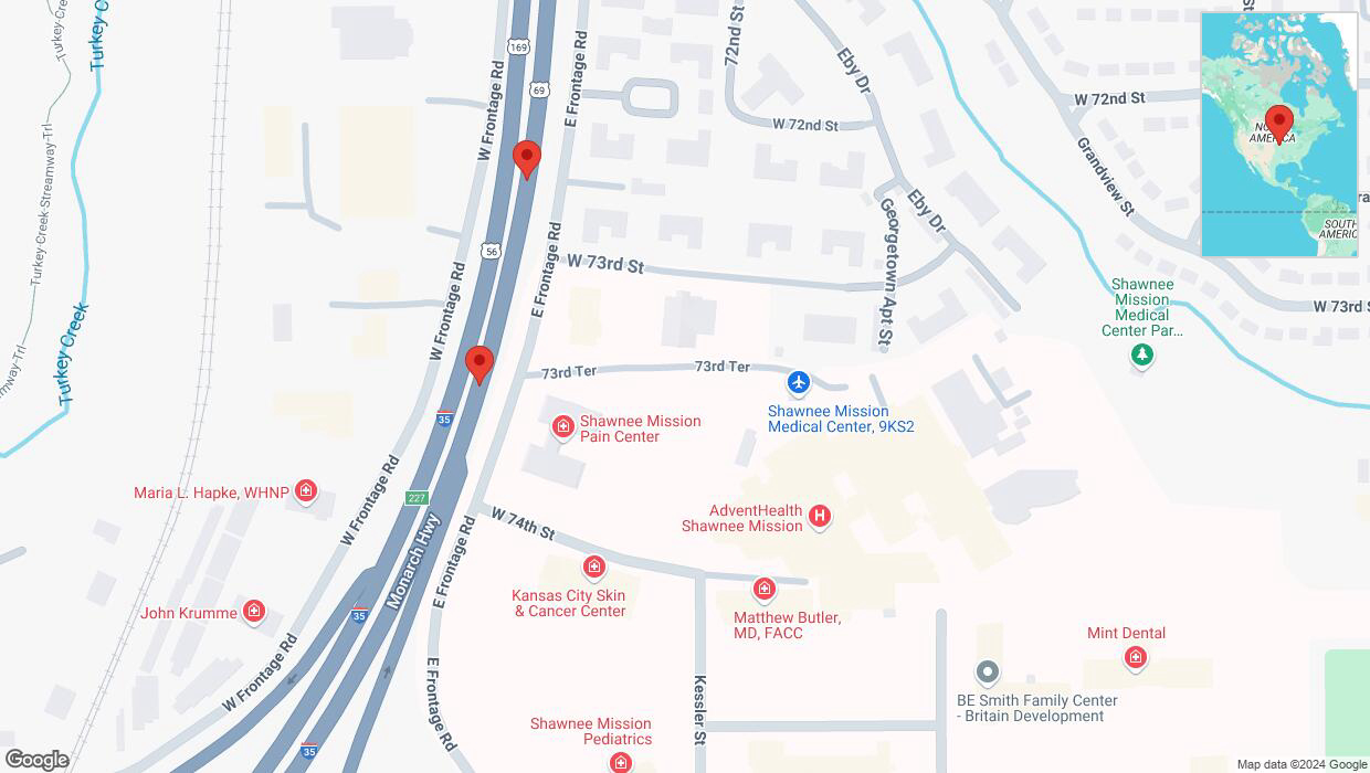 A detailed map that shows the affected road due to 'Broken down vehicle on eastbound I-35 in Merriam' on October 2nd at 4:19 p.m.