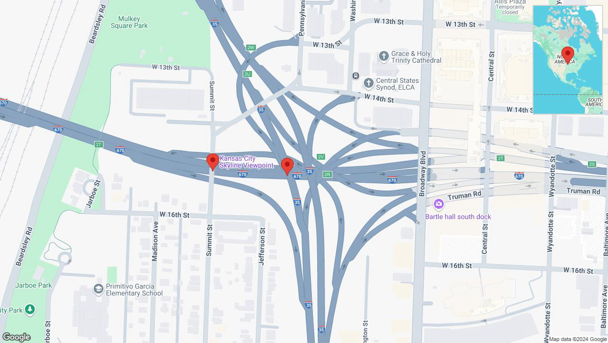 A detailed map that shows the affected road due to 'Broken down vehicle on eastbound I-670 in Kansas City' on October 2nd at 4:43 p.m.