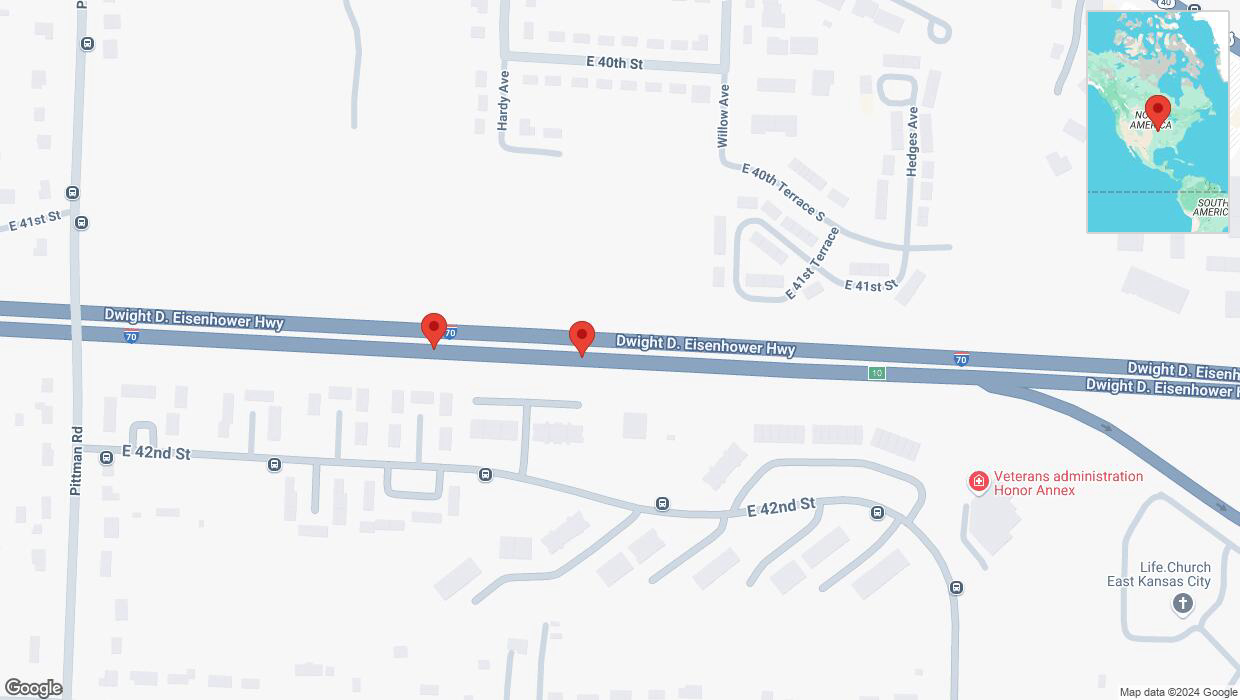 A detailed map that shows the affected road due to 'Broken down vehicle on eastbound I-70 in Kansas City' on October 2nd at 10:43 p.m.