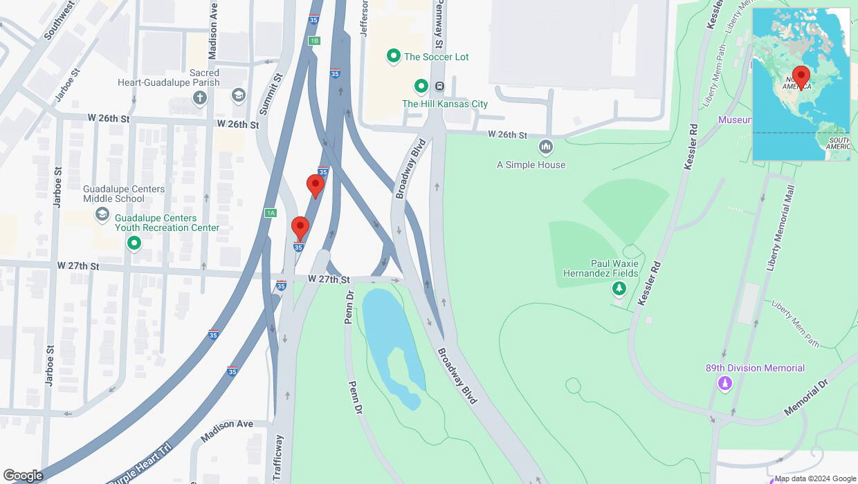 A detailed map that shows the affected road due to 'Broken down vehicle on northbound I-35 in Kansas City' on October 3rd at 5:55 p.m.