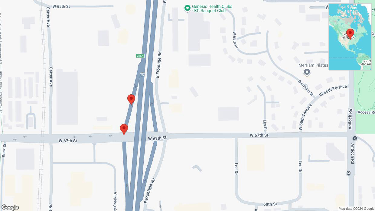 A detailed map that shows the affected road due to 'Warning in Merriam: Crash reported on West 67th Street' on October 3rd at 10:37 p.m.
