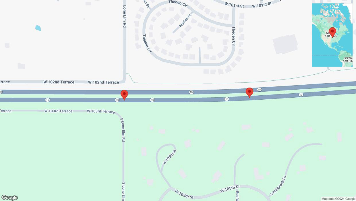 A detailed map that shows the affected road due to 'Broken down vehicle on eastbound K-10 in Olathe' on October 4th at 9:43 a.m.