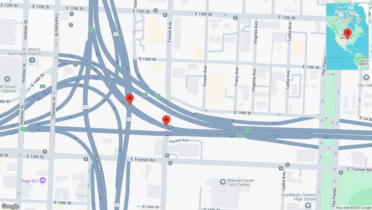 A detailed map that shows the affected road due to 'Broken down vehicle on eastbound I-70 in Kansas City' on October 5th at 12:27 p.m.