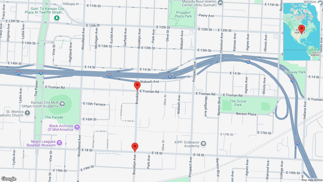 A detailed map that shows the affected road due to 'East Truman Road closed in Kansas City' on October 5th at 3:15 p.m.