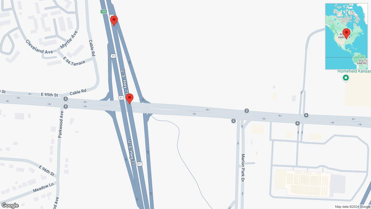A detailed map that shows the affected road due to 'Crash reported on northbound I-40/US-71 in Kansas City' on October 6th at 9:14 p.m.