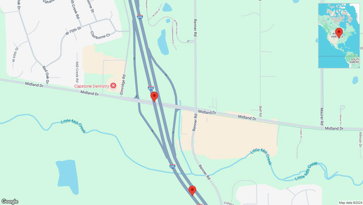 A detailed map that shows the affected road due to 'Lane on I-435 closed in Shawnee' on October 6th at 8:20 p.m.