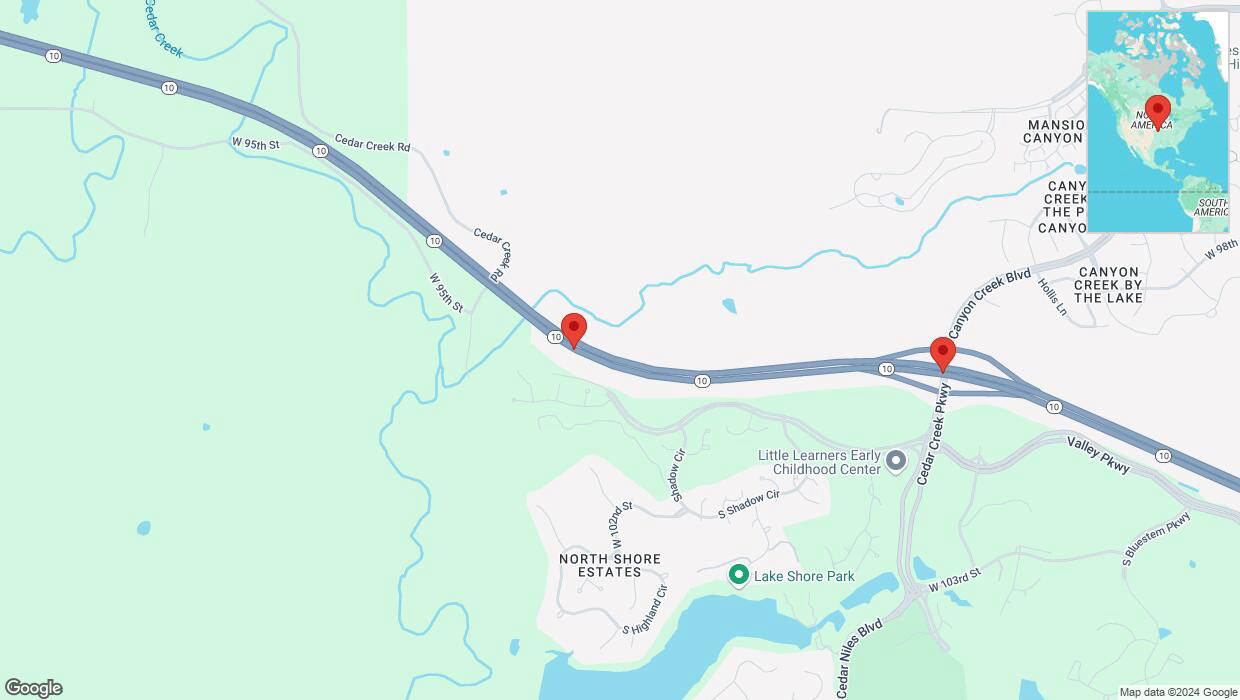 A detailed map that shows the affected road due to 'Warning in Olathe: Crash reported on eastbound K-10' on October 7th at 11:49 a.m.