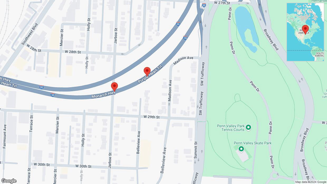 A detailed map that shows the affected road due to 'Broken down vehicle on northbound I-35 in Kansas City' on October 7th at 2:37 p.m.