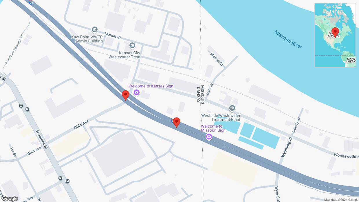 A detailed map that shows the affected road due to 'Broken down vehicle on eastbound I-70 in Kansas City' on October 7th at 5:01 p.m.