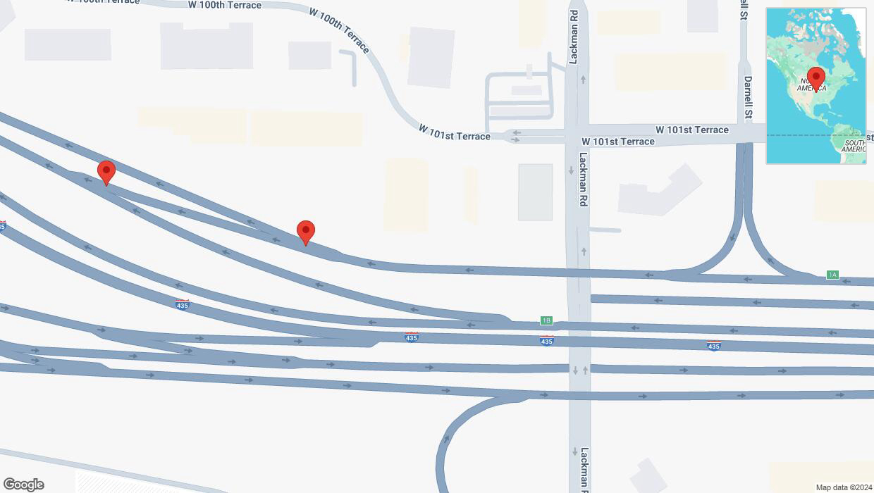 A detailed map that shows the affected road due to 'Broken down vehicle on West 101st Terrace in Lenexa' on October 7th at 6:43 p.m.