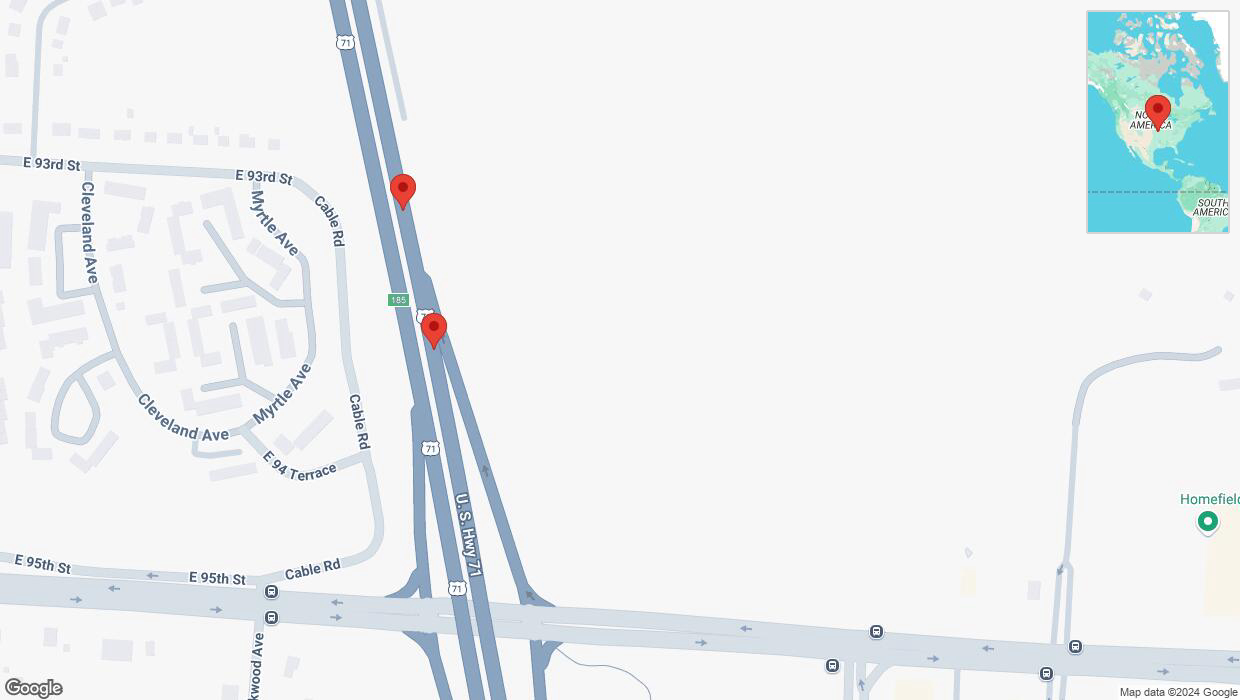 A detailed map that shows the affected road due to 'Broken down vehicle on northbound I-40/US-71 in Kansas City' on October 7th at 8:07 p.m.