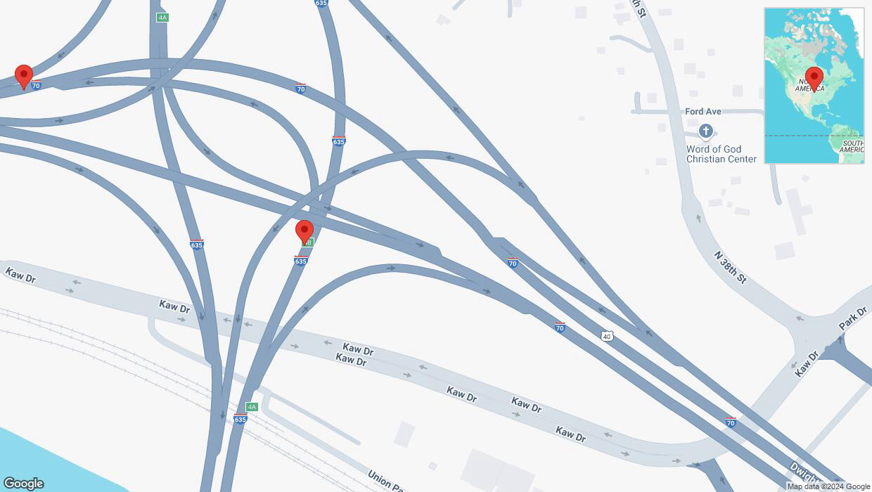 A detailed map that shows the affected road due to 'Harry Darby Memorial Highway closed in Kansas City' on October 7th at 9:31 p.m.