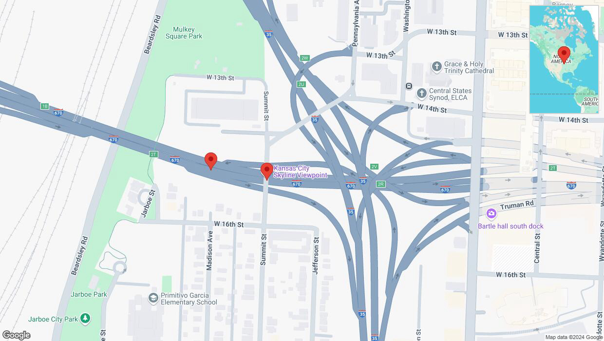 A detailed map that shows the affected road due to 'Broken down vehicle on eastbound I-670 in Kansas City' on October 8th at 1:12 p.m.