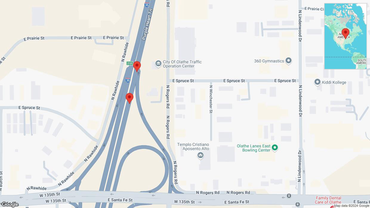 A detailed map that shows the affected road due to 'Broken down vehicle on eastbound I-35 in Olathe' on October 8th at 5 p.m.