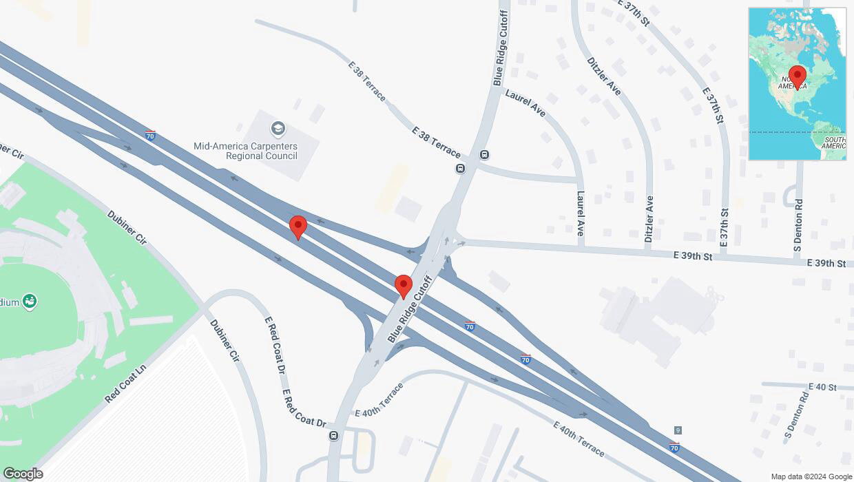 A detailed map that shows the affected road due to 'Broken down vehicle on eastbound I-70 in Kansas City' on October 8th at 3:42 p.m.