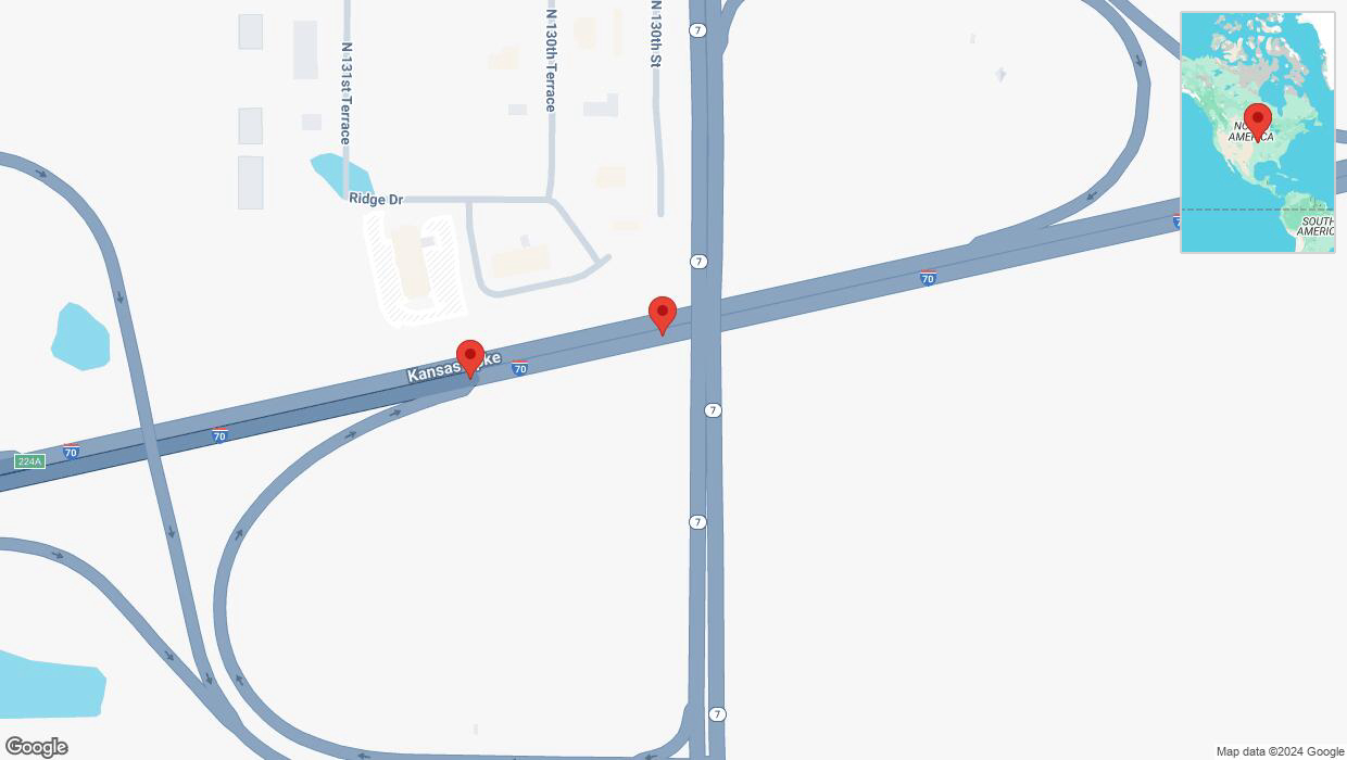 A detailed map that shows the affected road due to 'Broken down vehicle on eastbound I-70 in Bonner Springs' on October 8th at 10:12 p.m.