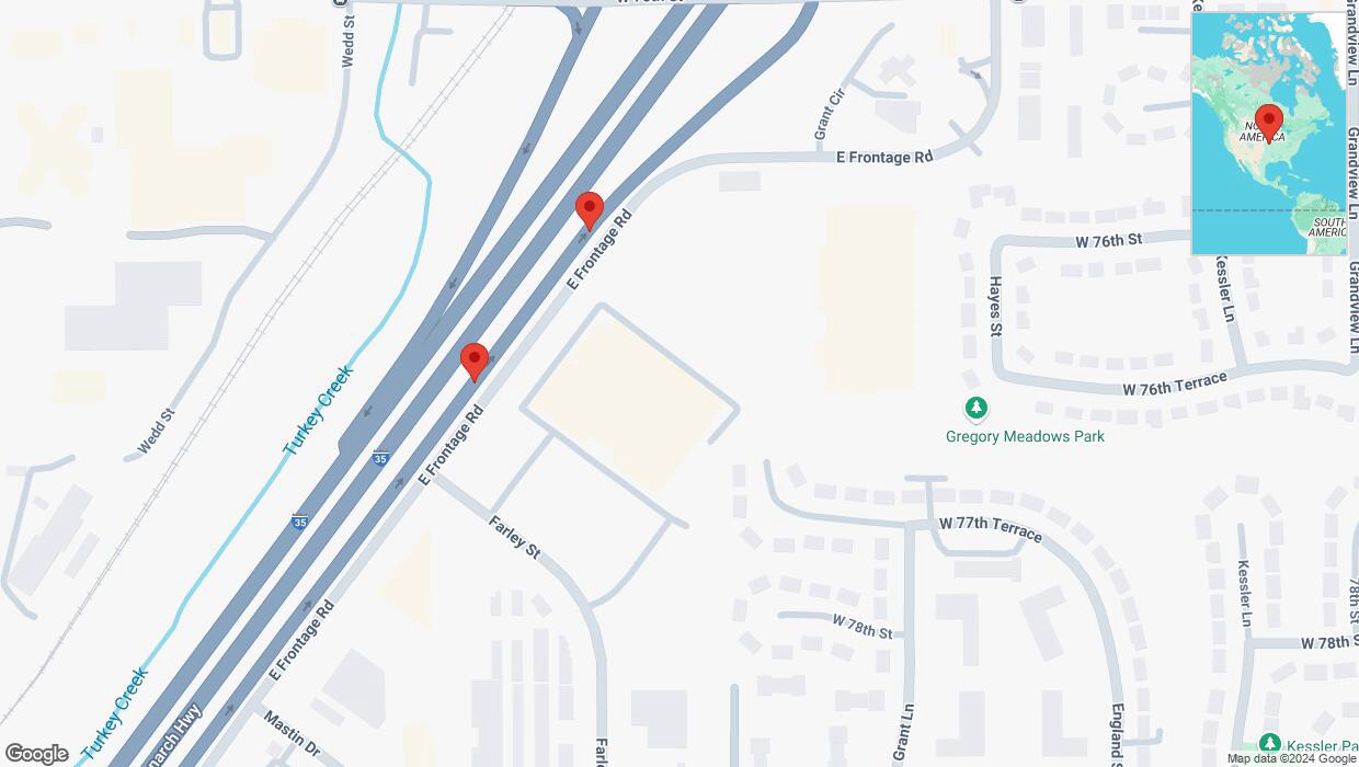 A detailed map that shows the affected road due to 'Warning: Crash on East Frontage Road in Overland Park' on October 9th at 4:42 p.m.