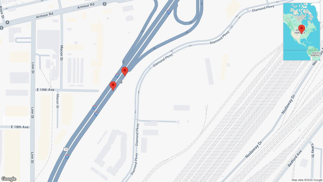 A detailed map that shows the affected road due to 'Crash update: I-29/I-35' on October 9th at 5:24 p.m.