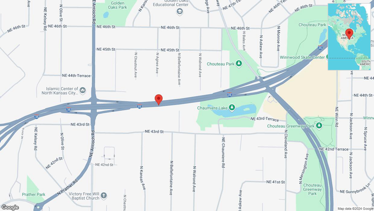A detailed map that shows the affected road due to 'Warning in Kansas City: Crash reported on northbound I-35' on October 9th at 5:36 p.m.