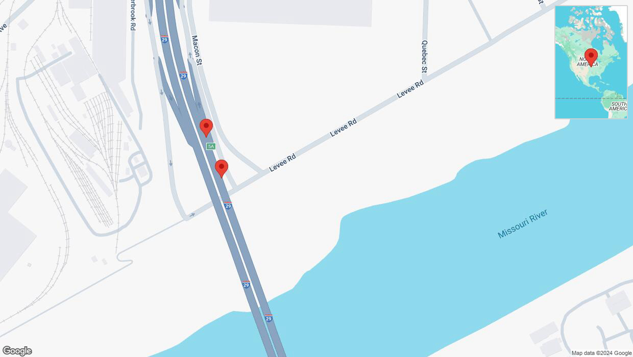 A detailed map that shows the affected road due to 'Broken down vehicle on northbound I-29/I-35 in North Kansas City' on October 9th at 11:54 p.m.