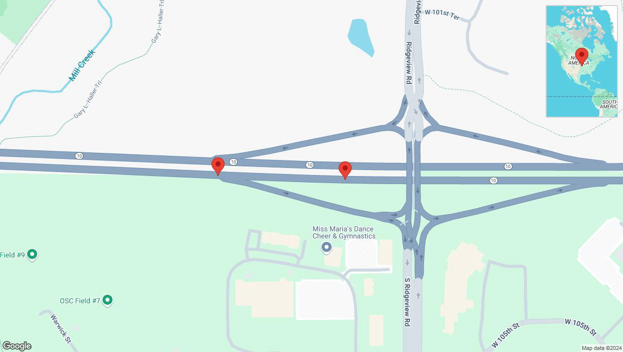 A detailed map that shows the affected road due to 'Broken down vehicle on eastbound K-10 in Olathe' on October 11th at 12:24 p.m.