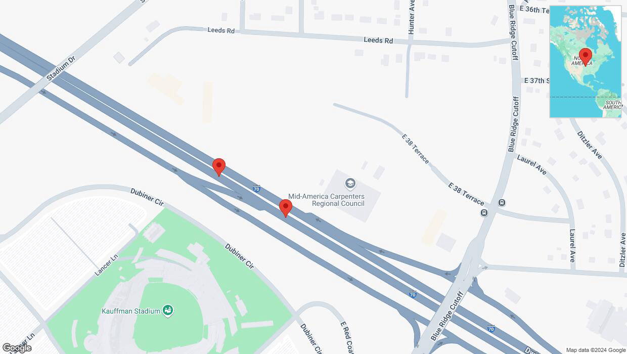 A detailed map that shows the affected road due to 'Broken down vehicle on eastbound I-70 in Kansas City' on October 11th at 9:07 p.m.