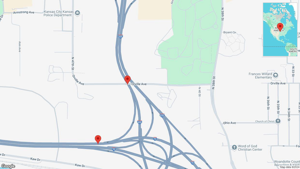 A detailed map that shows the affected road due to 'Orville Avenue closed in Kansas City' on October 11th at 9:13 p.m.