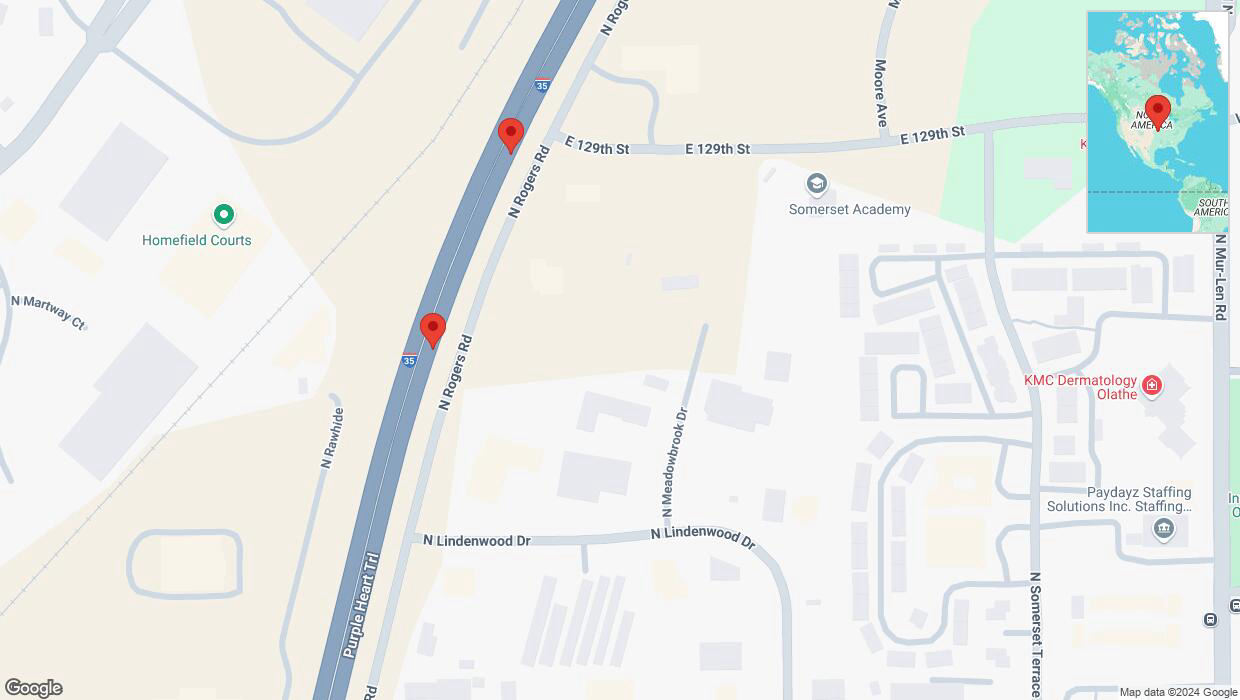 A detailed map that shows the affected road due to 'Broken down vehicle on eastbound I-35 in Olathe' on October 11th at 11:31 p.m.