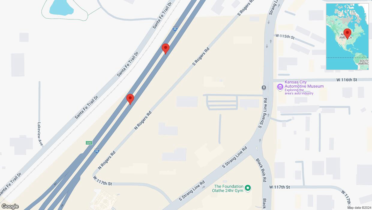 A detailed map that shows the affected road due to 'Broken down vehicle on eastbound I-35 in Olathe' on October 12th at 1:37 p.m.