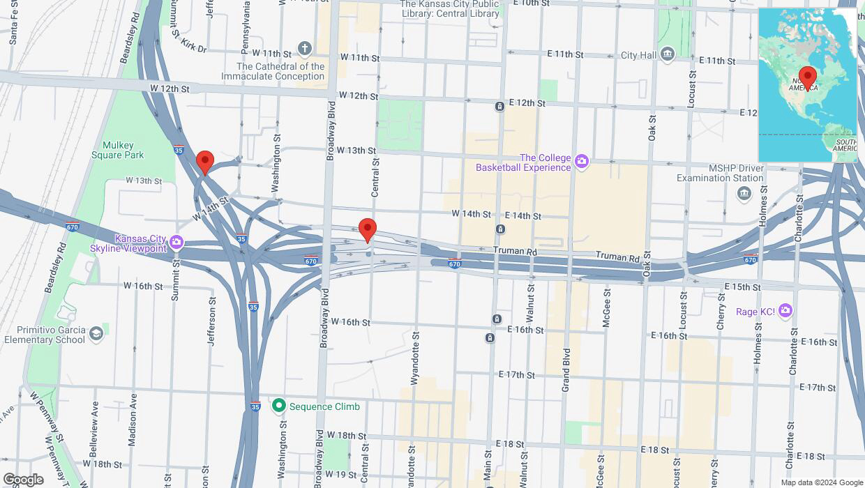 A detailed map that shows the affected road due to 'Central Street temporarily closed in Kansas City' on October 12th at 9:37 p.m.