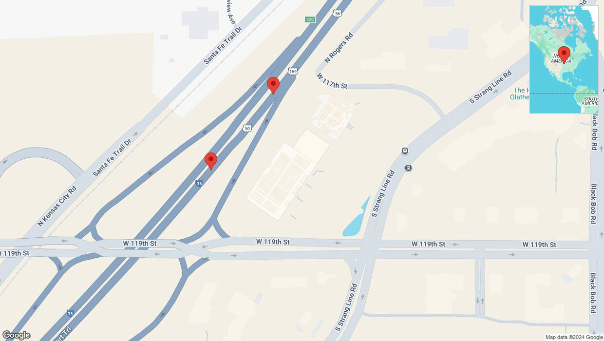 A detailed map that shows the affected road due to 'Broken down vehicle on eastbound I-35 in Olathe' on October 13th at 3:23 p.m.