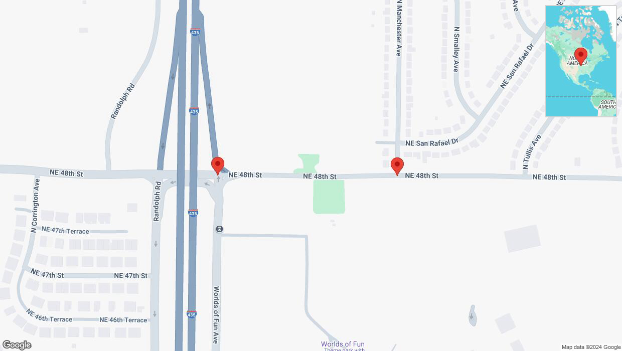 A detailed map that shows the affected road due to 'Northeast 48th Street closed in Kansas City' on October 13th at 4:35 p.m.