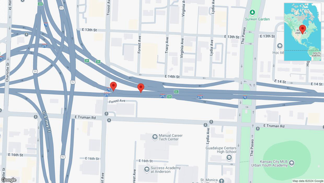 A detailed map that shows the affected road due to 'Broken down vehicle on eastbound I-70 in Kansas City' on October 13th at 8:47 p.m.