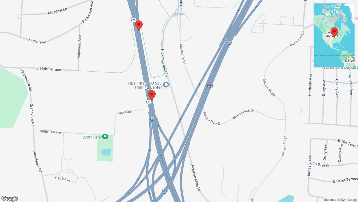 A detailed map that shows the affected road due to 'Broken down vehicle on northbound I-40/US-71 in Kansas City' on October 13th at 11:29 p.m.
