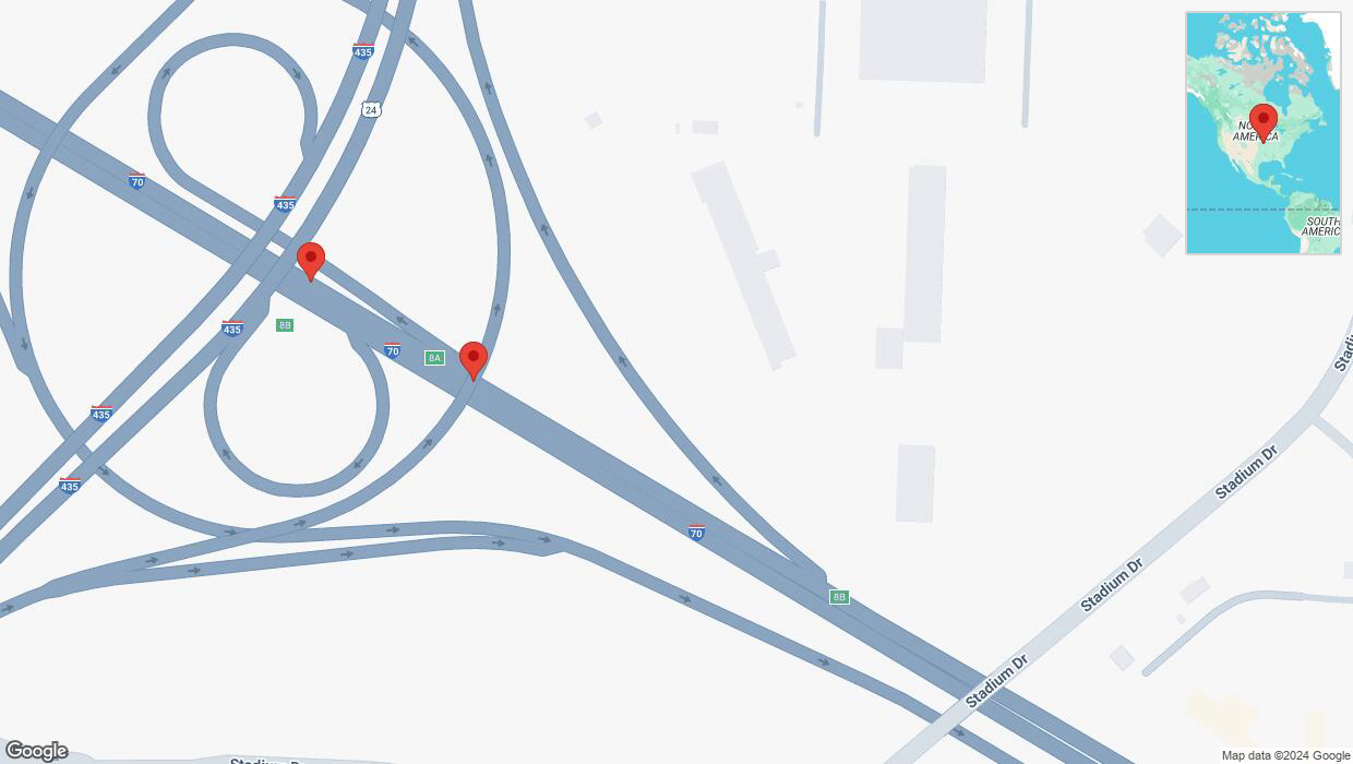 A detailed map that shows the affected road due to 'Broken down vehicle on westbound I-70 in Kansas City' on October 13th at 11:11 p.m.