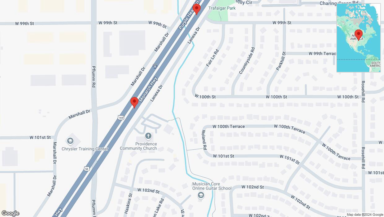 A detailed map that shows the affected road due to 'Broken down vehicle on eastbound I-35 in Lenexa' on October 14th at 3:25 p.m.