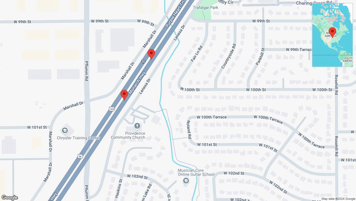 A detailed map that shows the affected road due to 'Broken down vehicle on eastbound I-35 in Lenexa' on October 14th at 3:31 p.m.
