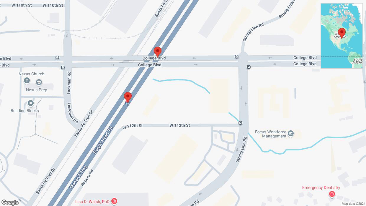 A detailed map that shows the affected road due to 'Warning in Lenexa: Crash reported on eastbound I-35' on October 14th at 4:24 p.m.