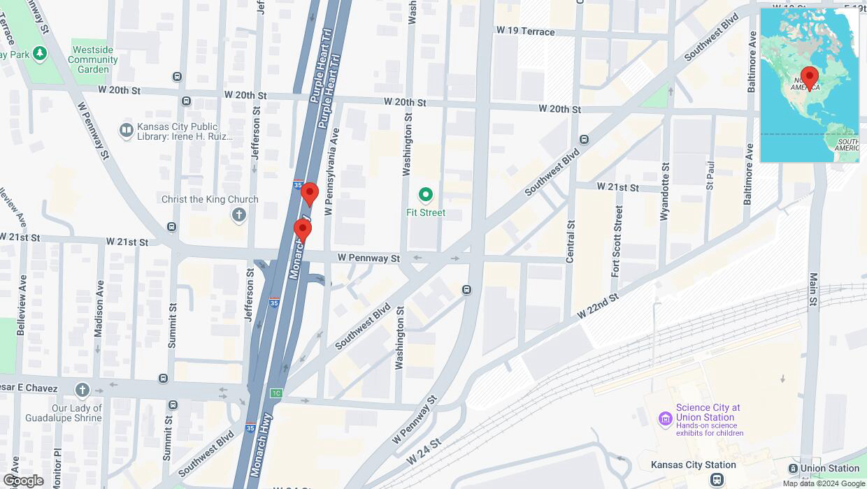 A detailed map that shows the affected road due to 'Crash reported on northbound I-35 in Kansas City' on October 14th at 5:48 p.m.
