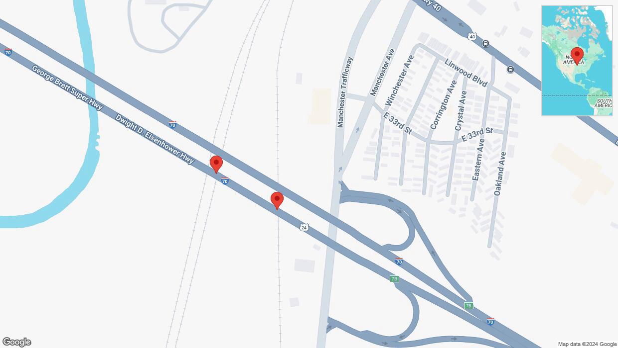 A detailed map that shows the affected road due to 'Broken down vehicle on eastbound I-70 in Kansas City' on October 14th at 9:53 p.m.