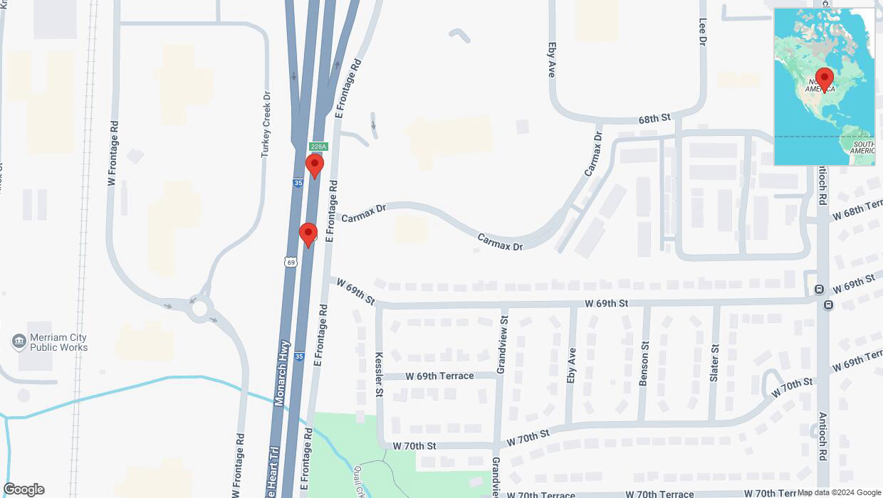 A detailed map that shows the affected road due to 'Broken down vehicle on eastbound I-35 in Overland Park' on October 15th at 3:34 p.m.