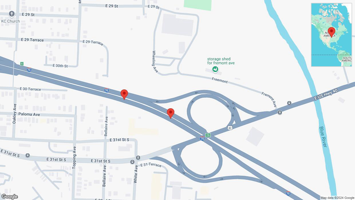 A detailed map that shows the affected road due to 'Broken down vehicle on eastbound I-70 in Kansas City' on October 15th at 4:58 p.m.