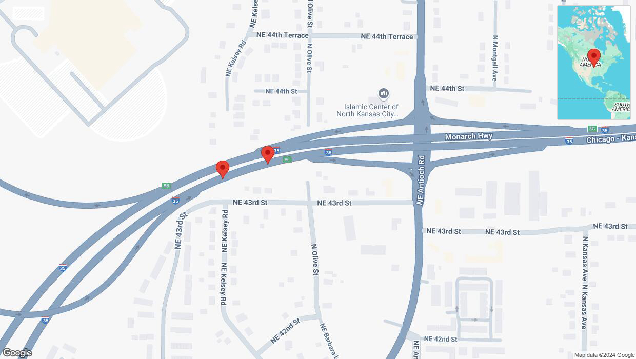 A detailed map that shows the affected road due to 'Broken down vehicle on northbound I-35 in Kansas City' on October 15th at 5:58 p.m.