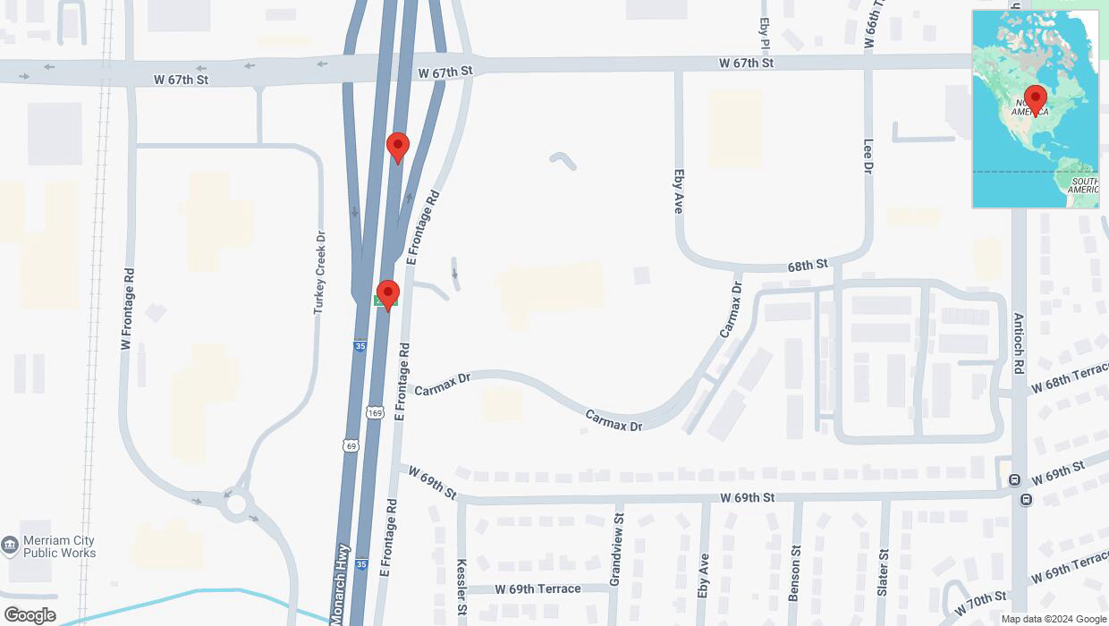 A detailed map that shows the affected road due to 'Broken down vehicle on eastbound I-35 in Merriam' on October 15th at 7:04 p.m.